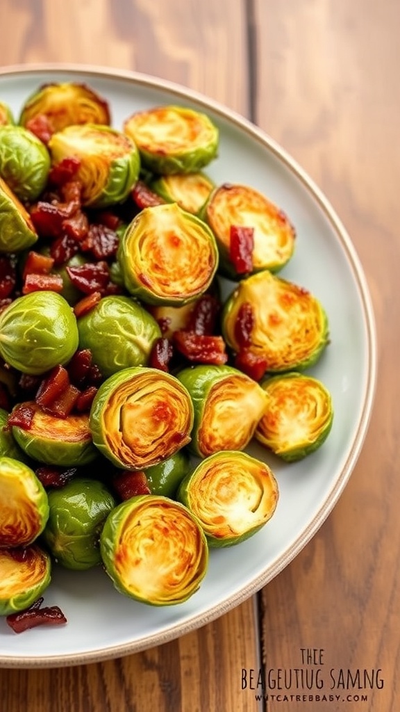 Crispy Air Fryer Brussels Sprouts with Bacon and Maple Crispy air fryer Brussels sprouts with bacon and maple syrup on a rustic wooden table.